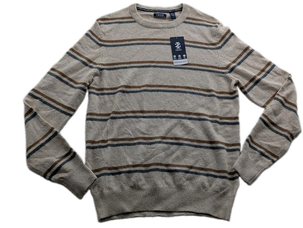 Izod Mens Size Small Tan With Grey Stripes Pullover Crew Neck Sweater NWT
